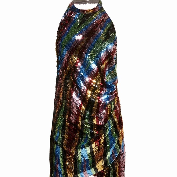 NWT Ronny Kobo Jo Gold Multicolor Sequin halter cocktail mini dress Size 12 $698 - Picture 3 of 7